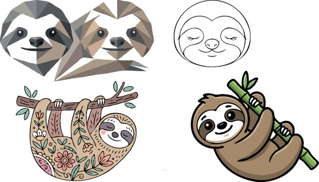 Sloth vector illustration set featuring low poly geometric heads, cute cartoon mascot hanging on bamboo, folk floral pattern style, and minimal line art icon.