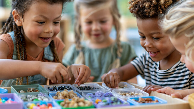 Children gathered around small containers filled with objects for a sensory learning activity, hands-on classroom exploration , with copy space