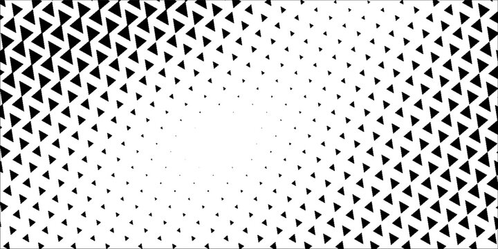 Fading triangle halftone texture gradient pattern. Abstract diagonal geometric background. Tech mosaic triangular halfton gradation. Vector vanishing corner arrow wallpaper for banner, booklet, poster