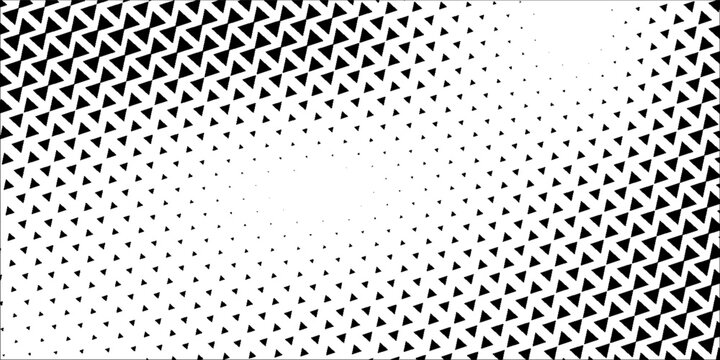 Fading triangle halftone texture gradient pattern. Abstract diagonal geometric background. Tech mosaic triangular halfton gradation. Vector vanishing corner arrow wallpaper for banner, booklet, poster