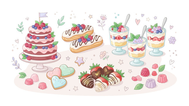 Whimsical pastel dessert set with layered cake trifles with creamy trifles elegant glasses