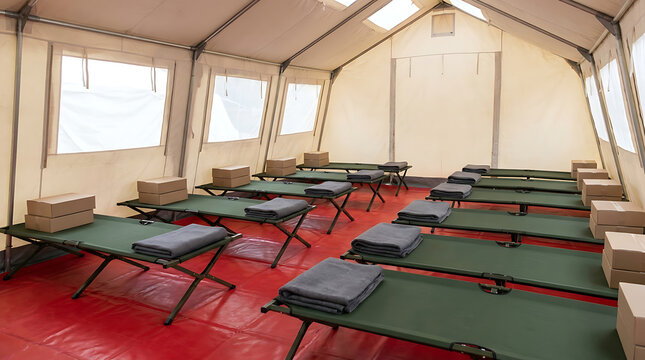 Interior of temporary emergency shelter tent with rows of green military folding cots