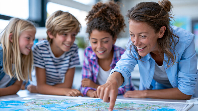 Teacher guiding a small group of students as they explore a large world map, geography education, classroom curiosity , with copy space