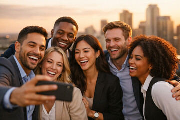Obraz premium Diverse business colleagues taking rooftop selfie at sunset, corporate team celebration, workplace culture, friendship, employee engagement, urban professionals, city skyline, teamwork