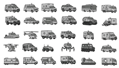 This image is a set of 30 black and white vector icons of medical emergency vehicles. © nin