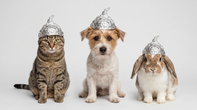 A cat, dog, and rabbit sitting together wearing funny homemade aluminum foil hats isolated on a white background