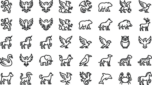 Heraldic Animals and Mythical Creatures Line Icon Set Featuring Royal Lions Eagles Griffins Dragons Unicorns Pegasuses and Wild Beasts for Crest Vector Designs