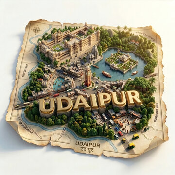 3D isometric map illustration of Udaipur, Rajasthan, India, 