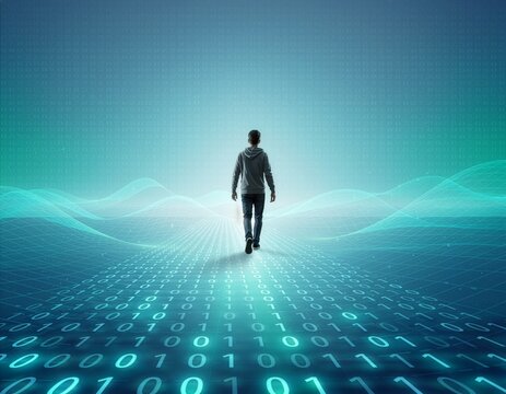 Silhouetted man walks forward along a glowing digital pathway representing artificial intelligence and technological progress.