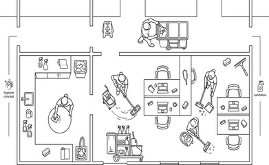 Fototapeta premium Top view office floor plan vector line art illustration of commercial cleaning service staff working