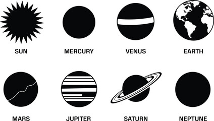 Set of eight black and white solar system planet including the sun, mercury, venus, earth, mars, jupiter, saturn, neptune © FIROZ98