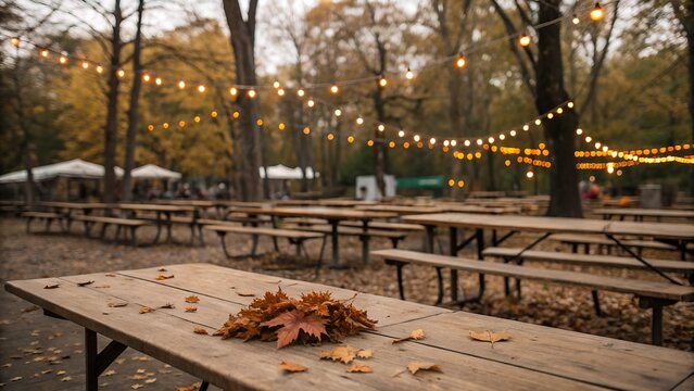 Wooden picnic table with fallen autumn leaves in a park setting with string lights at dusk time