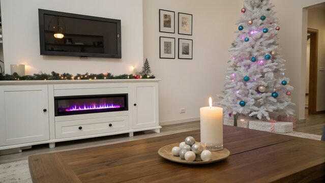 White christmas tree with blue ornaments and a fireplace in a cozy living room interior