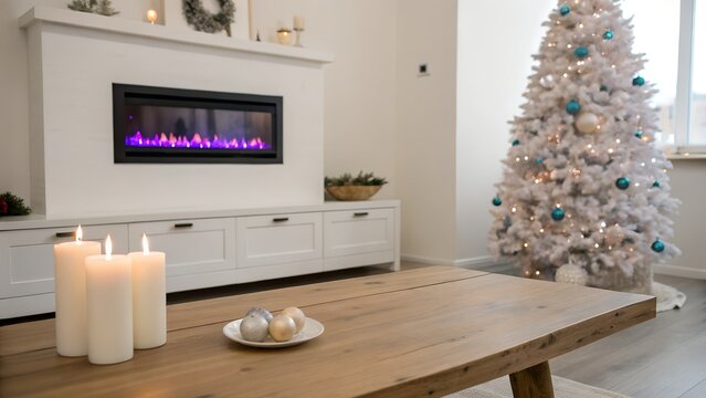 White christmas tree with blue baubles and a purple fireplace in a bright living room