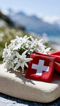 Schweizer Fahne mit Edelweiss auf hellem Naturstein in den Alpen