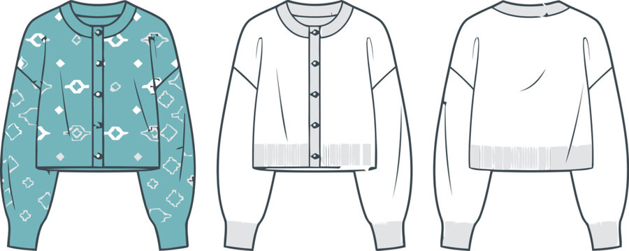 Three illustrated long-sleeve shirts with different patterns and colors stripes circles