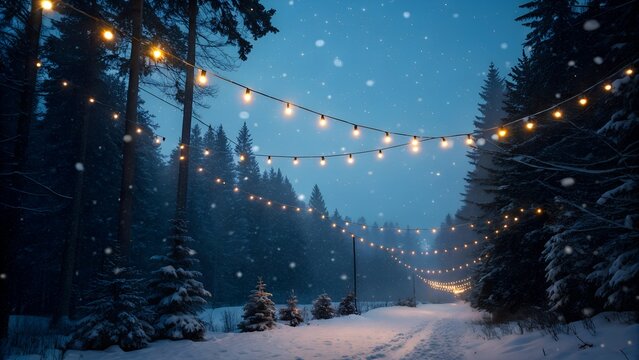 Snowy forest path illuminated by hanging string lights during a cold winter evening snowfall scene