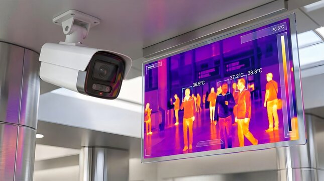 Thermal Imaging Security Camera System Monitoring Body Temperature in Public Space