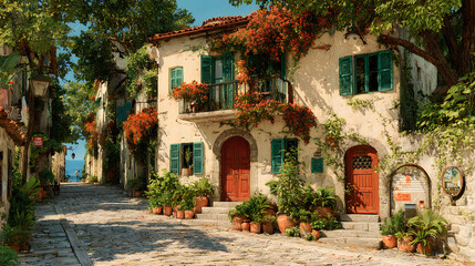 Fototapeta premium Peaceful rustic villa exterior blooming balcony beautiful tropical landscape wallpapers luxury cottage design inspiration