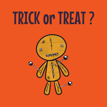 Cute voodoo doll Halloween trick or treat text vector illustration