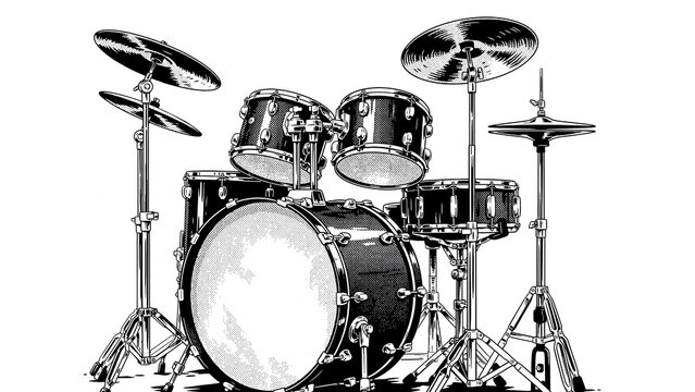 Black and white drum set illustration. Artistic musical instrument depiction for music projects and design. A bold, high-contrast halftone style im...