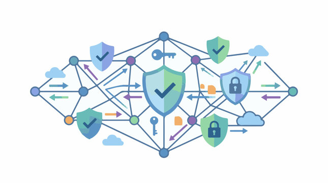 Abstract network with security shields keys clouds and data flow arrows