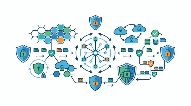 Abstract network with security shields clouds and data flow symbols