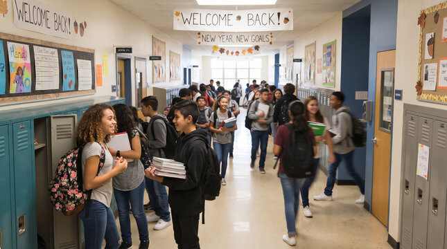 Back to school, Group of high school students wearing backpacks in a busy school hallway