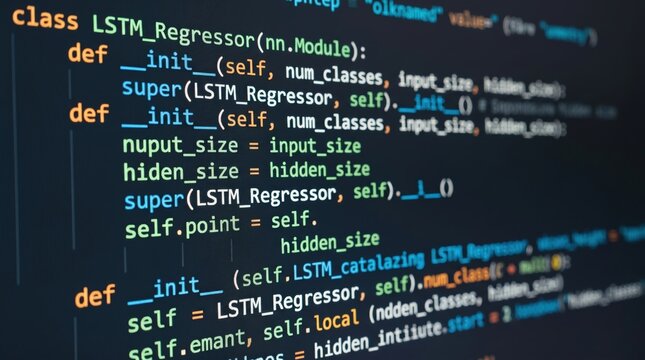 Close up view of computer screen showing python programming code for LSTM Regressor neural network class definition in software development.