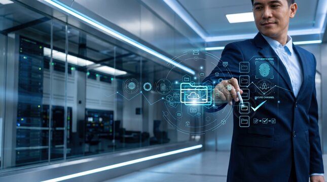 Professional businessman touching futuristic cloud data security interface with authentication fingerprint and secure channel icons in server room.