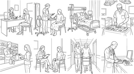 Obraz premium Healthcare Vector Illustrations Depicting Doctors, Nurses, and Patients in Medical and Hospital Settings