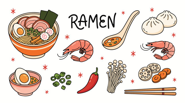 A collection of handdrawn illustrations depicting various ingredients and elements of delicious ramen soup dishes