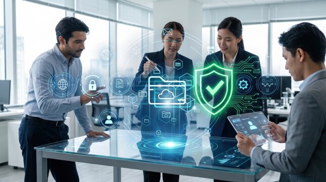 Business team collaborating around a digital table with cybersecurity holograms, protecting data privacy and cloud storage with shield and lock icons.