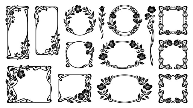 Collection of decorative floral frames, vintage ornament borders with vines and flowers, elegant scrollwork elements for wedding stationery or