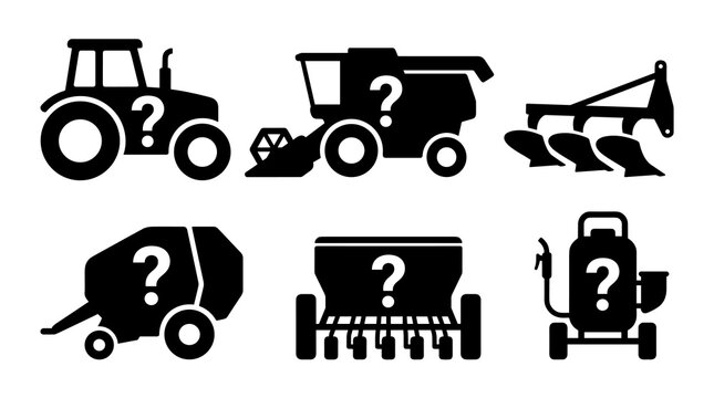 Collection of agricultural machinery silhouettes with question marks, representing farming equipment and agricultural services, diverse farm vehicles