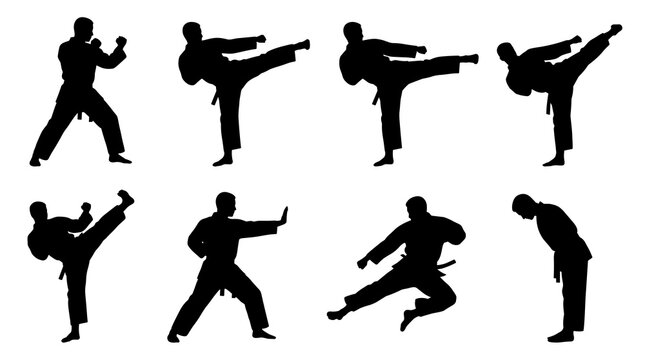 Silhouette collection of martial arts poses, including kicks and bows, representing combat sports and discipline, isolated on white background