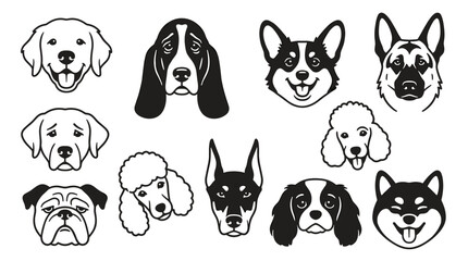 Fototapeta premium Collection of diverse dog breed heads in a simple line art style, including pugs, corgis, and shepherds, perfect for pet-related designs and animal