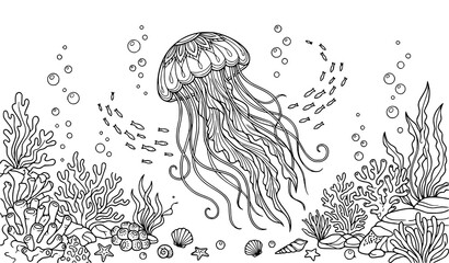 Ocean Jellyfish and Coral Reef Outline Coloring Page Flat Vector © Joy