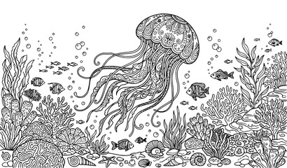 Jellyfish Underwater Ocean Coloring Book Outline Vector Illustration © Joy