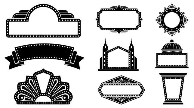 Set of vintage marquee frames with light bulb borders, ornate signage elements for retro cinema and theatre posters, vector decorative signage