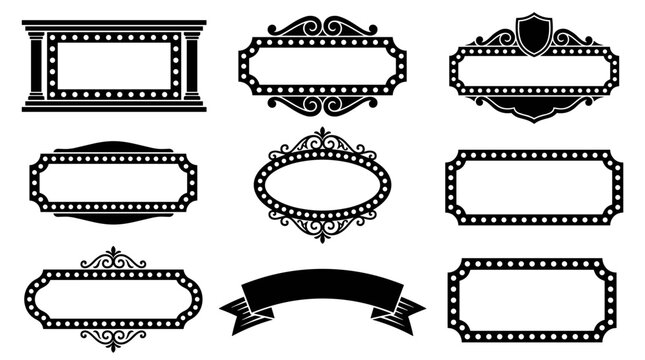 Set of vintage marquee frames with decorative borders, ornamental signage templates, cinema light bulb style, classic theater sign patterns for