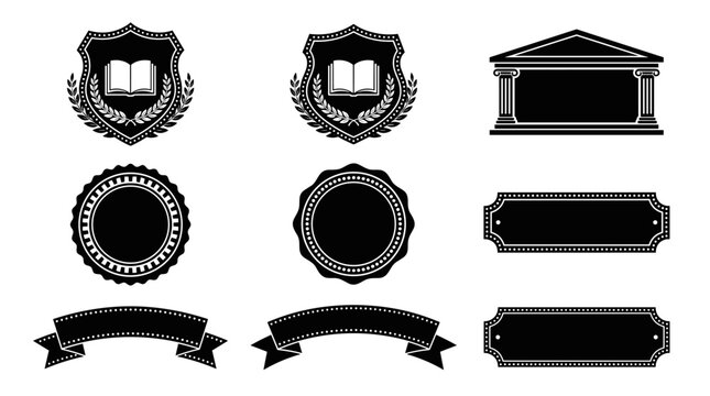 Set of black heraldic frames and ornate vintage borders, university emblems, library shields, architectural motifs, decorative ribbon banners
