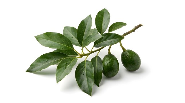 A fresh green avocado branch with two young fruits and wet leaves isolated on a pure white background. Ideal for organic farming and healthy superfood concepts.