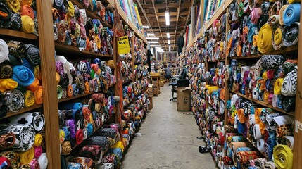 Fototapeta premium Endless rows of colorful fabric rolls fill a vast warehouse.