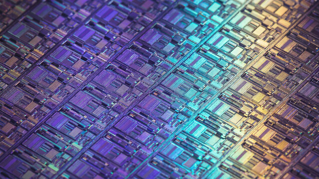 虹色に輝く半導体ウエハーの集積回路を斜めから捉えた接写