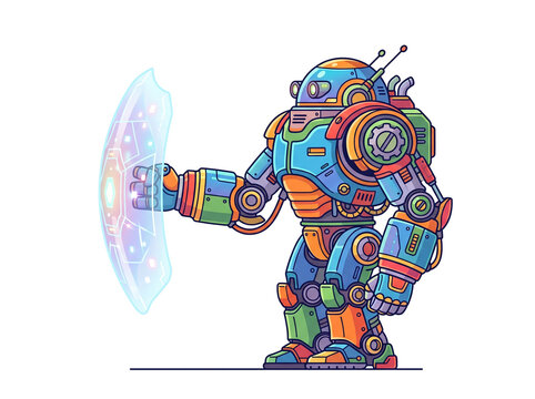 Colorful retro style mechanical robot character standing firmly while projecting a glowing holographic shield interface with its robotic hand in a high quality digital illustration design style on tra