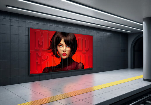 Subway billboard mockup on underground station wall