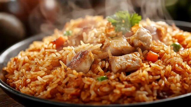 A steaming plate of flavorful chicken fried rice garnished with herbs.