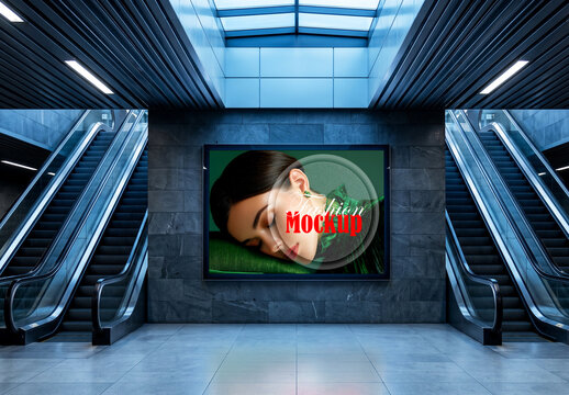 Subway billboard mockup on stone wall between two escalators