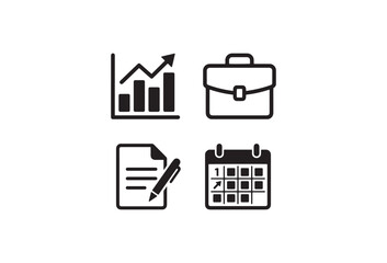 Obraz premium Minimalist business icon set, professional office symbols for corporate management, black vector graphics of chart and calendar